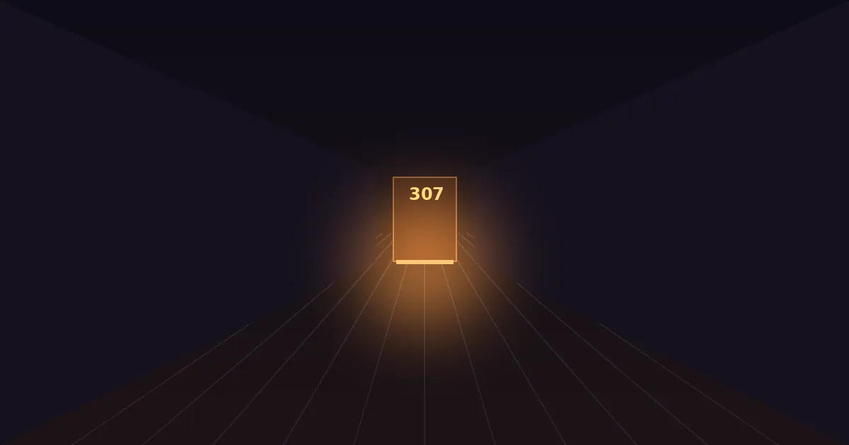 Dim hotel corridor with a door numbered 307 at the far end